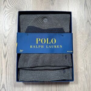 Polo Ralph Lauren Mens Grey Ribbed Beanie Hat and Scarf 2 Piece Gift Set PP0430